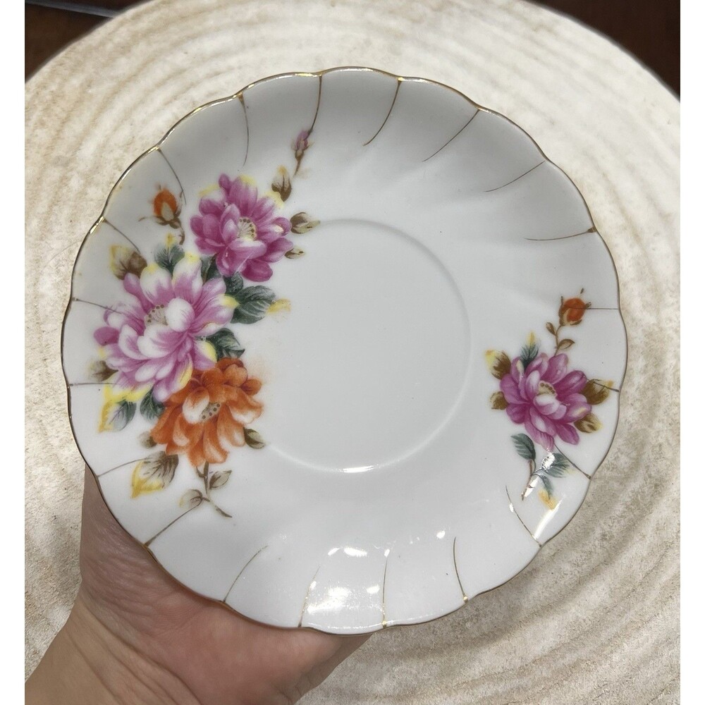 Ucagco China Vintage Scalloped Porcelain Saucer Pink Orange Red & Yellow Japan